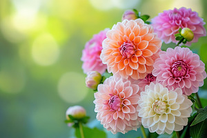 Close-up view of vibrant pink, orange, and white dahlias in blooming garden set, a Nature Photo by AlyaAnd