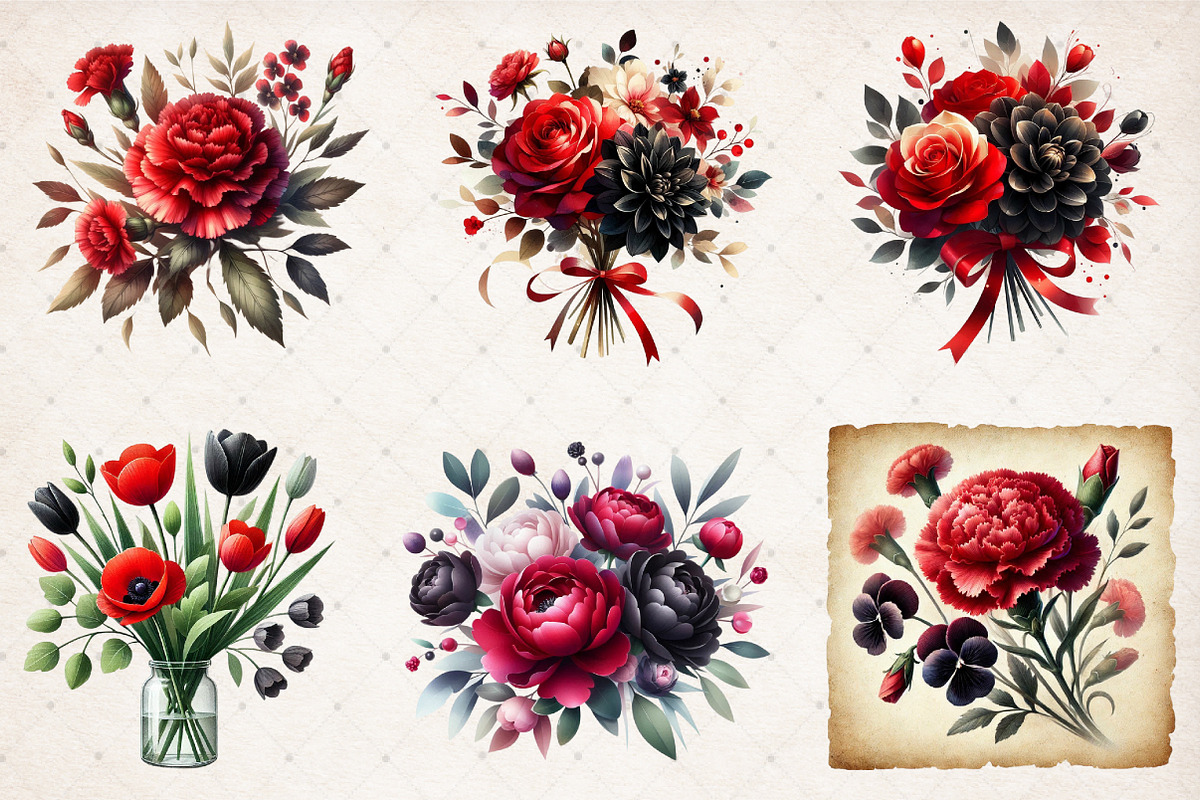 Red & Black Flower Bouquets Clipart, an Illustration by SinaCreation (Photo 3 of 4)