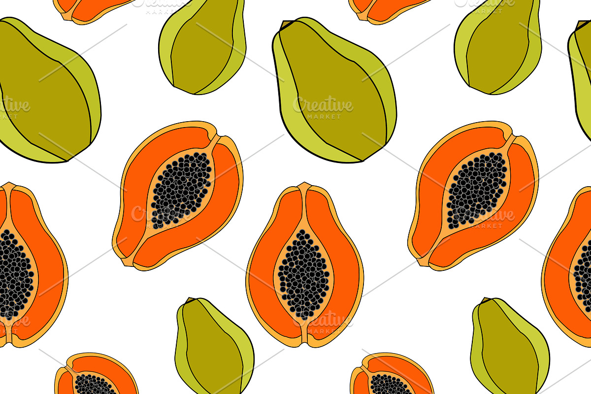 Papaya. Seamless pattern., a Food Illustration by OS