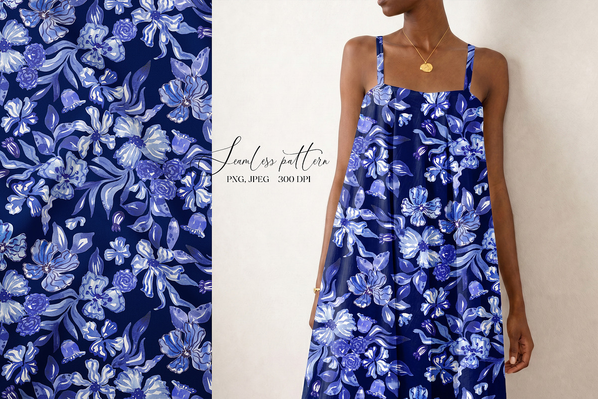 Cobalt Blue Fashion Floral Print, a Pattern Graphic by SirenaArt (Photo 16 of 17)