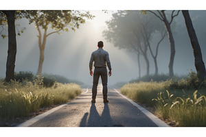 Man standing on a forest road, an Illustration by tilialucida