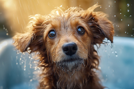 Dog taking a bath with shampoo. Generative AI, an Animal Photo by AlyaAnd