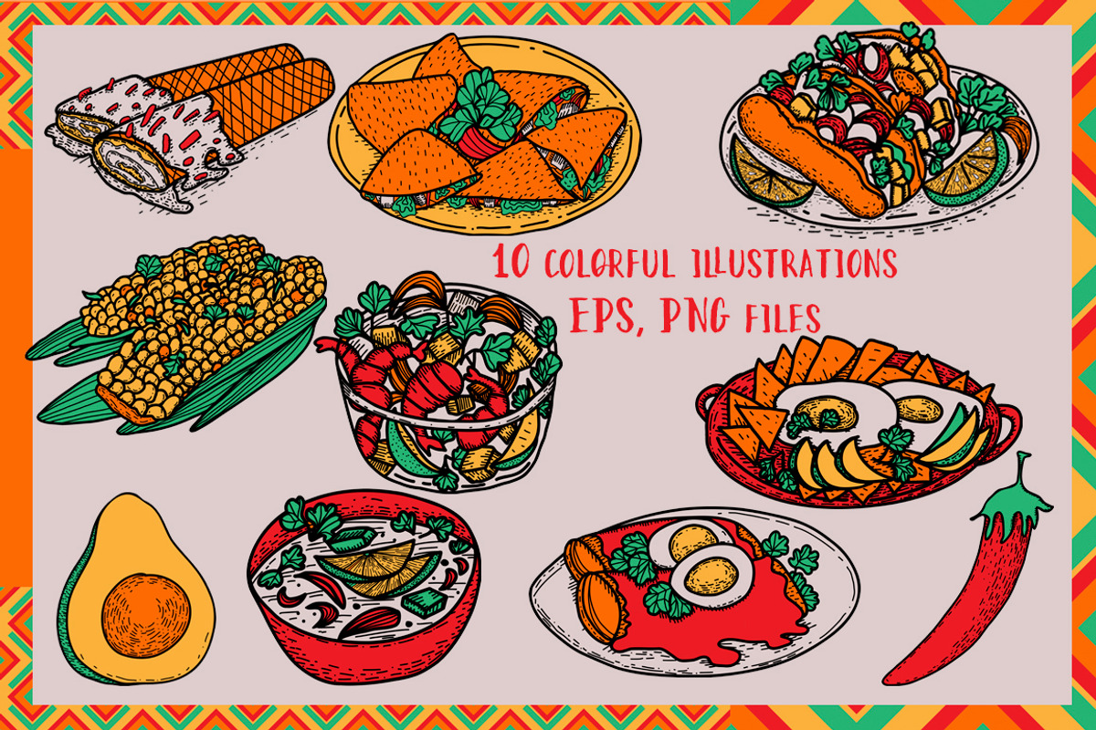 Mexican food. Hand drawn clipart., a Food Illustration by TatianaBannikova (Photo 2 of 8)