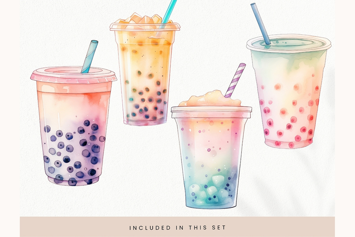 Watercolor Boba Tea Clipart, Pastel, a Decorative Illustration by illuztrate (Photo 6 of 6)