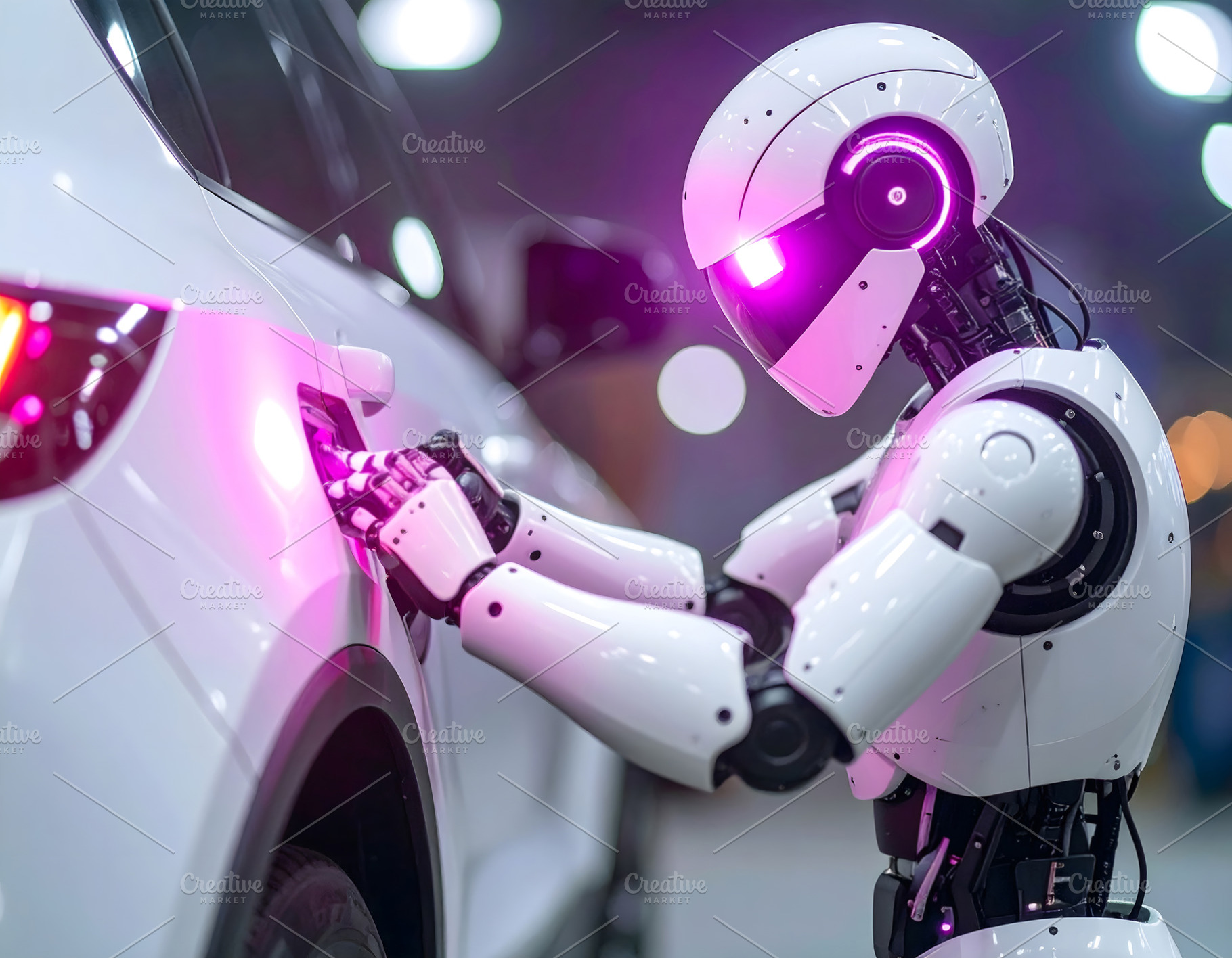 Humanoid robot repairing car door under neon pink lights, a Technology Photo by GoodGoods