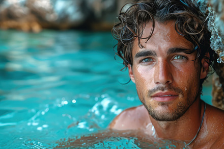 Handsome Young Man with Wet Shirt Leaning on Rock in Turquoise Water, a Person Photo by AS photostudio