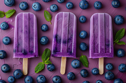 Ice cream popsicles with organic blueberries on pink background, a Food & Drink Photo by AlyaAnd