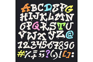 Alphabet Graffity Vector Alphabetical Font ABC By Brush Stroke With Letters And Numbers Or Grunge Alphabetic Typography Illustration Isolated On Black