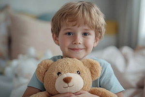 Child boy smiling while embracing a fluffy teddy bear in a cozy bedroom setting, a Person Photo by AlyaAnd