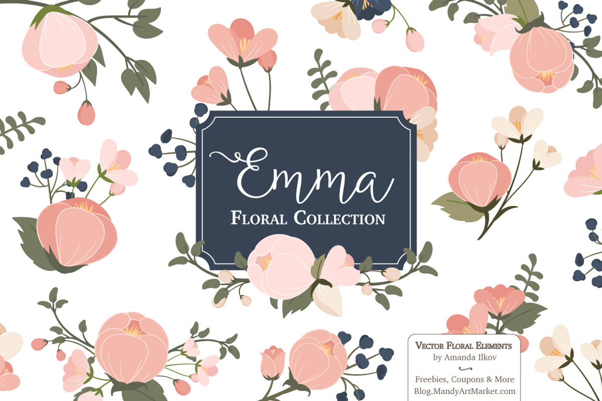 Navy & Pink Floral Clipart & Vectors, an Illustration by Amanda Ilkov (Photo 1 of 3)