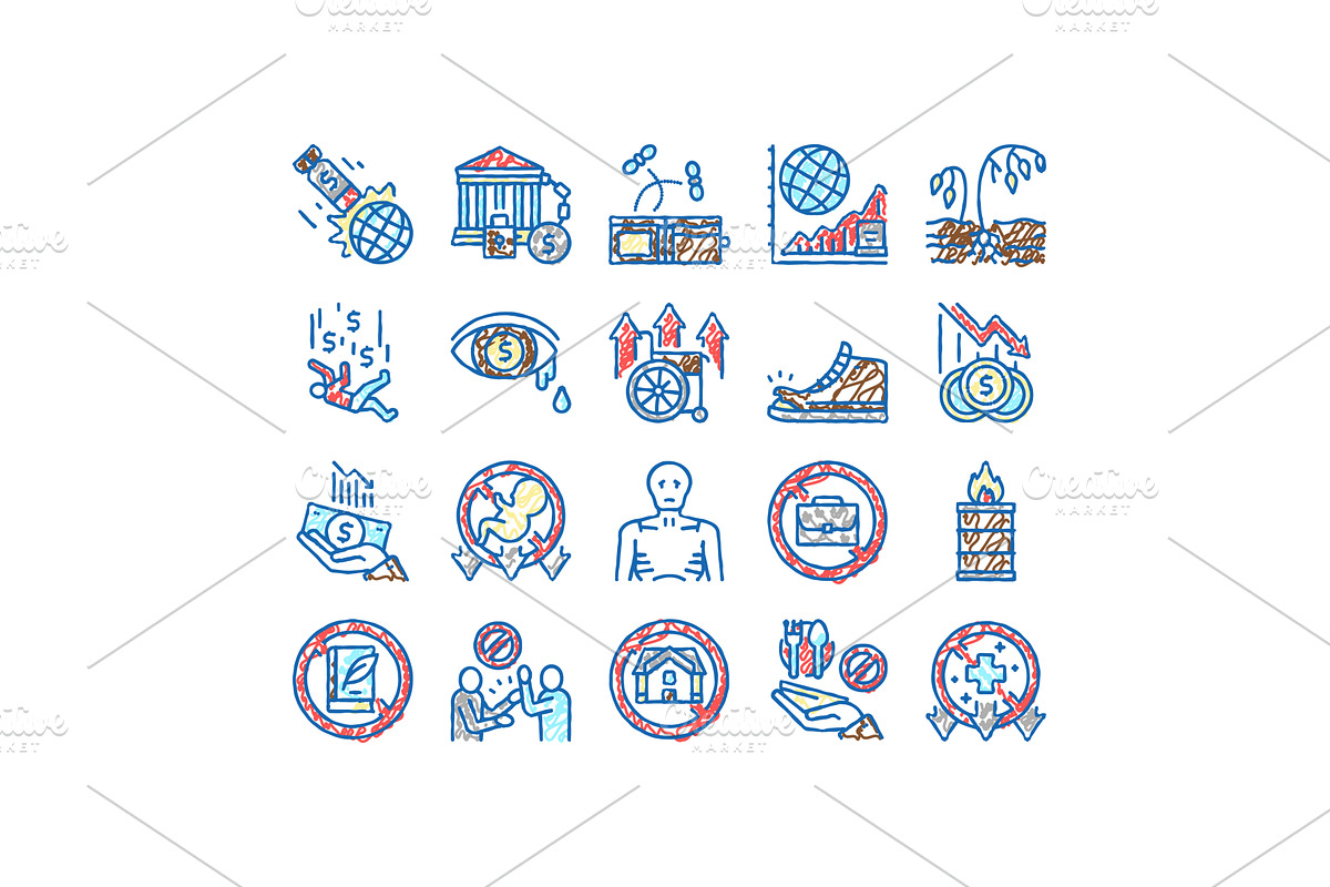 Poverty Destitution set Icons hand, an Object Illustration by pikepicture