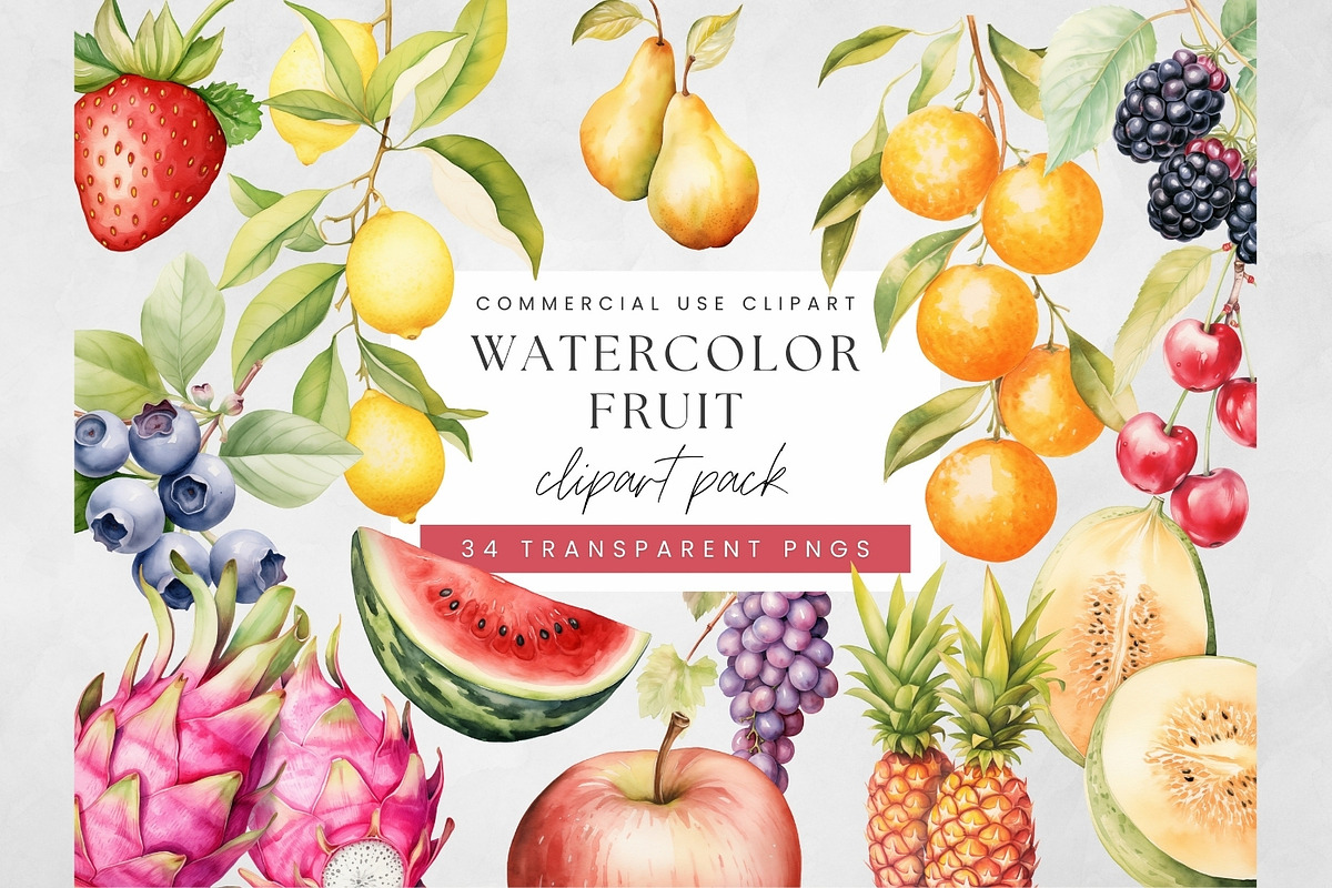 Watercolor Fruit Clipart, Fresh PNG, a Decorative Illustration by illuztrate (Photo 1 of 13)