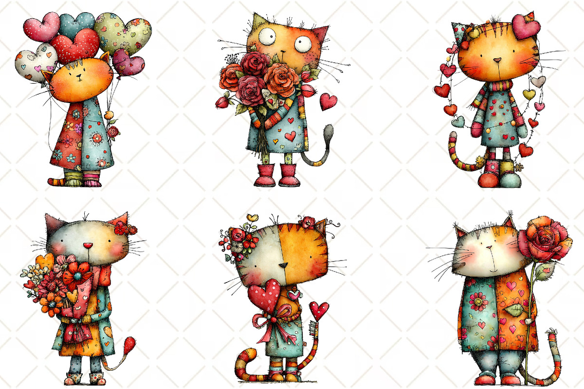 Quirky Valentine Cats Clipart, an Animal Illustration by Black Bird Studio (Photo 6 of 6)