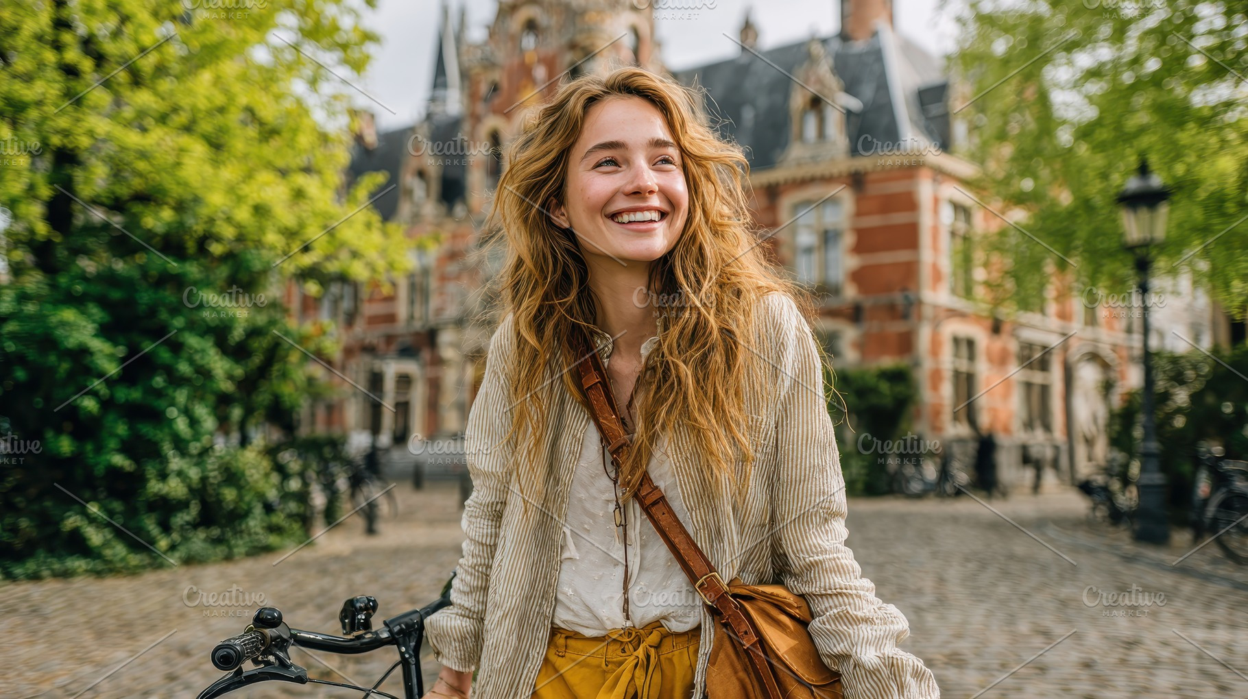 Happy woman with bicycle near old bu, a Photo by Pixeness Studio