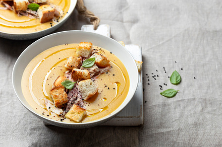 lentil cream soup with croutons, a Food & Drink Photo by Marina_Pronina