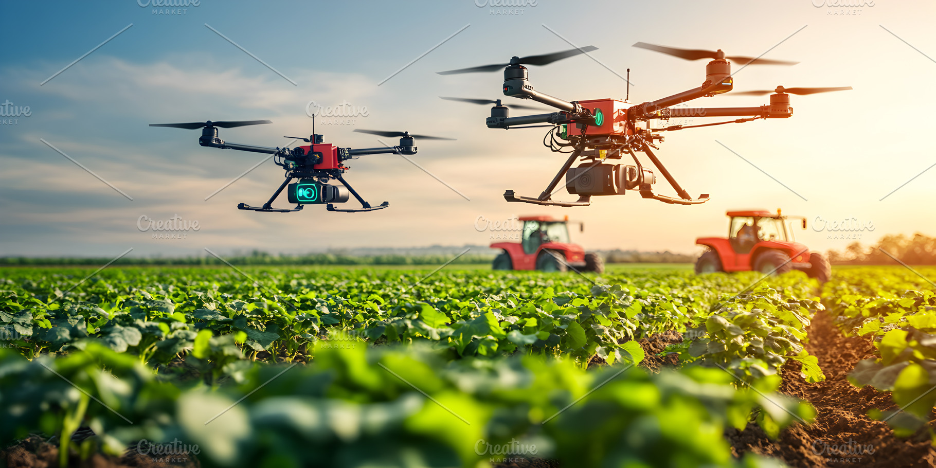 Drones flying over green agricultural field, a Technology Photo by Photostock