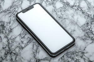 Blank white screen of smartphone resting on marble surface in modern interior s, a Technology Photo by AlyaAnd