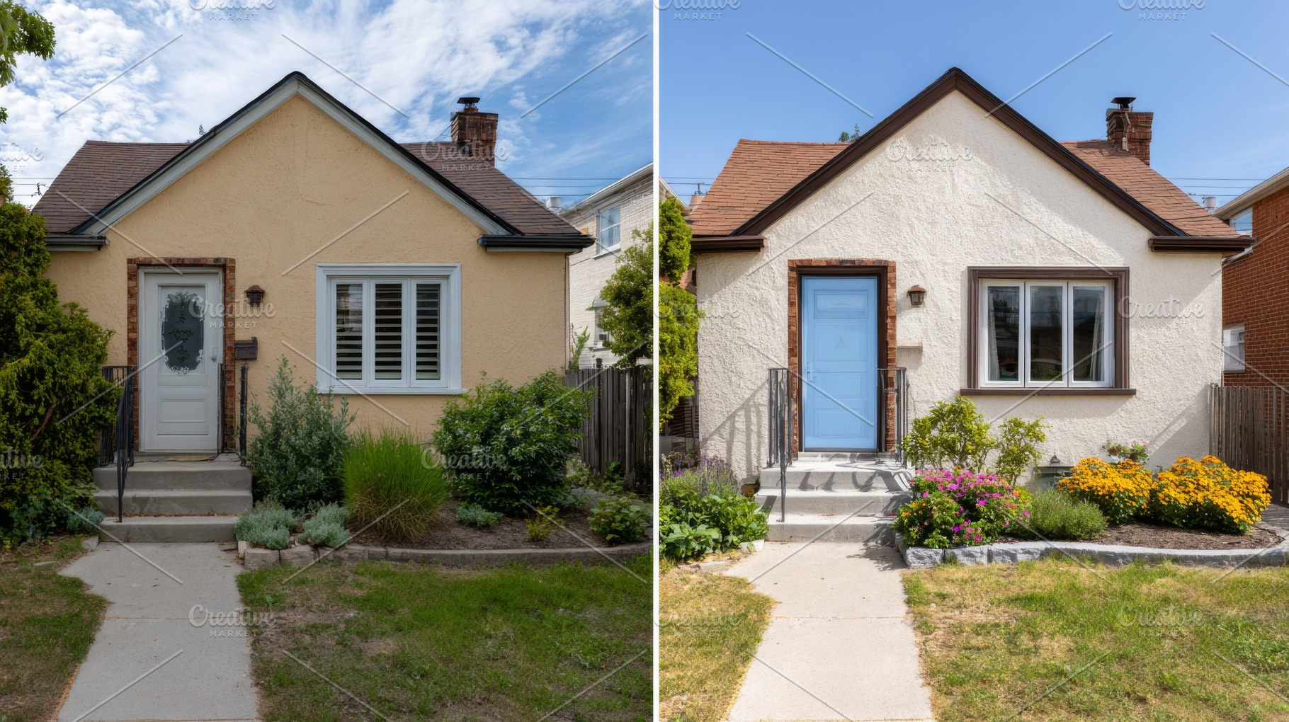 Renovated small house with fresh paint and vibrant landscaping, showcasing a mo, a Person Photo by ImageMir