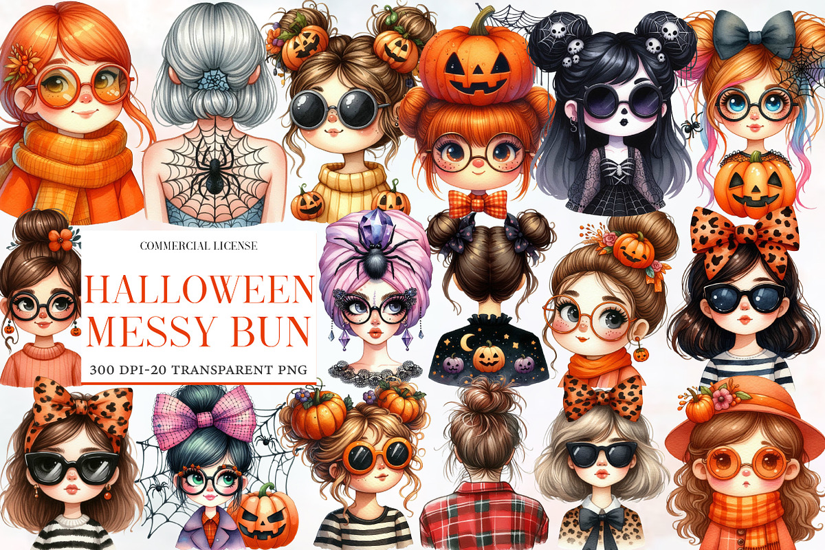 Halloween Messy Bun Png Bundle, an Illustration by Designworld (Photo 1 of 5)