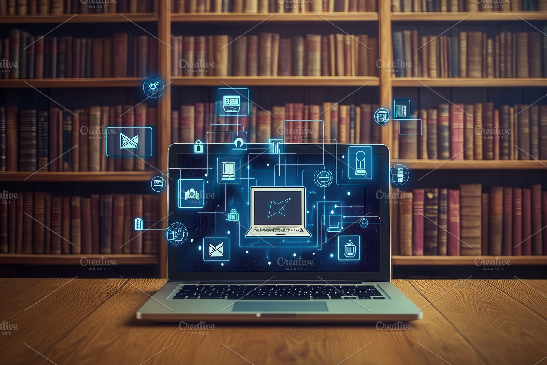 Floating books and educational icons, a Photo by Pavel_design