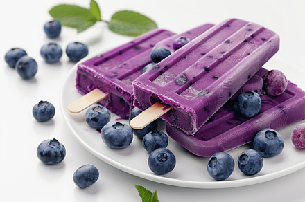 Ice cream popsicles with organic blueberries on white background, a Food & Drink Photo by AlyaAnd