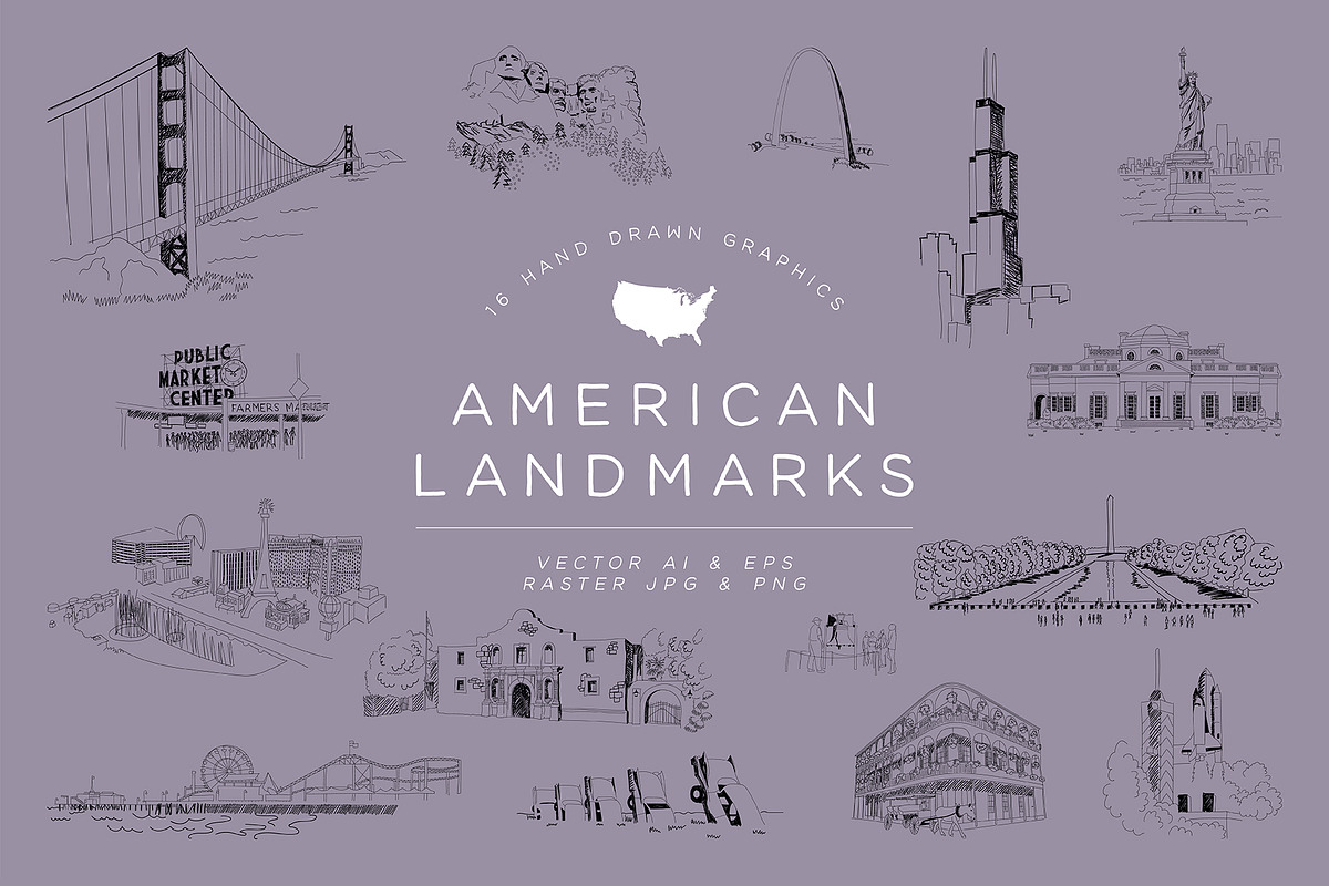 Hand Drawn American Landmarks Bundle, an Illustration by East Grove (Photo 1 of 4)