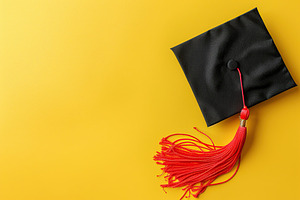 Black graduation cap on yellow background, a School & Education Photo by AlyaAnd