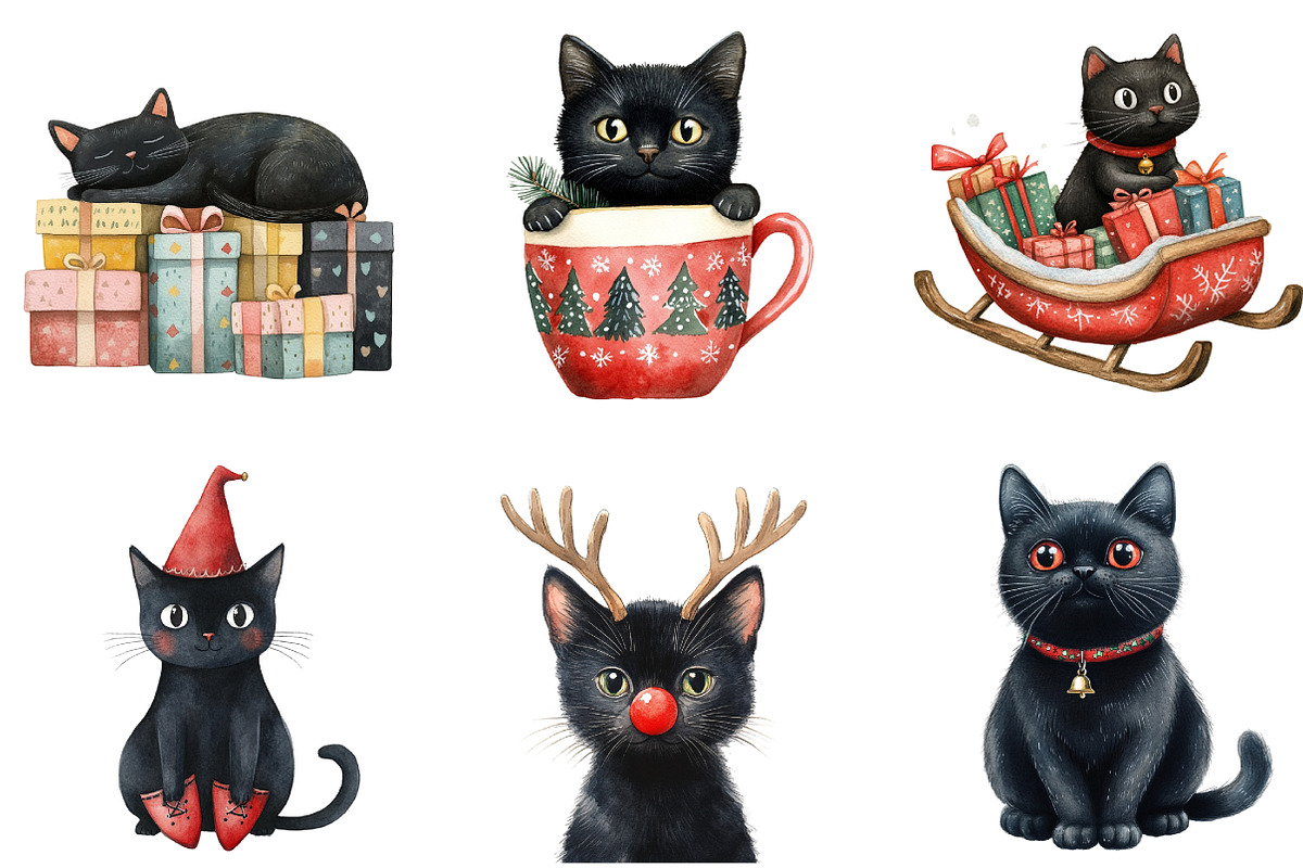 Funny Christmas Black Cat Clipart, an Illustration by DreamArtGraphic (Photo 4 of 5)