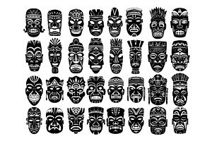 Tribal masks monochrome vector set, an Object Illustration by Stock-Smart-Start