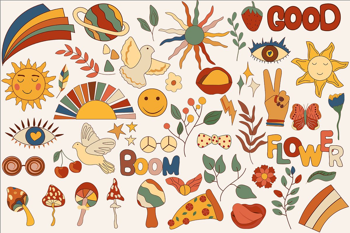 POSITIVE RETRO, BOHO GROOVY CLIPART, a Decorative Illustration by Usis (Photo 4 of 20)