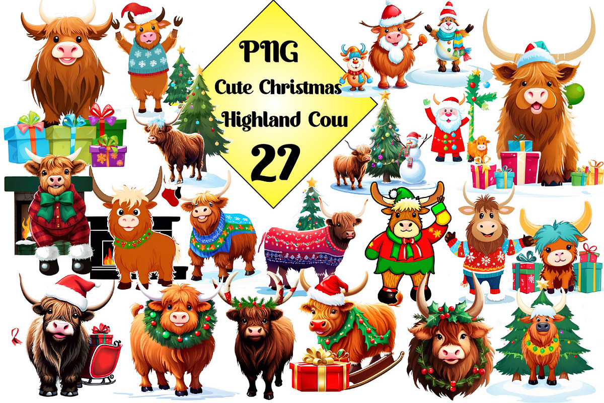 Cute Christmas Highland Cow Clipart, an Illustration by Wow Magic (Photo 1 of 5)