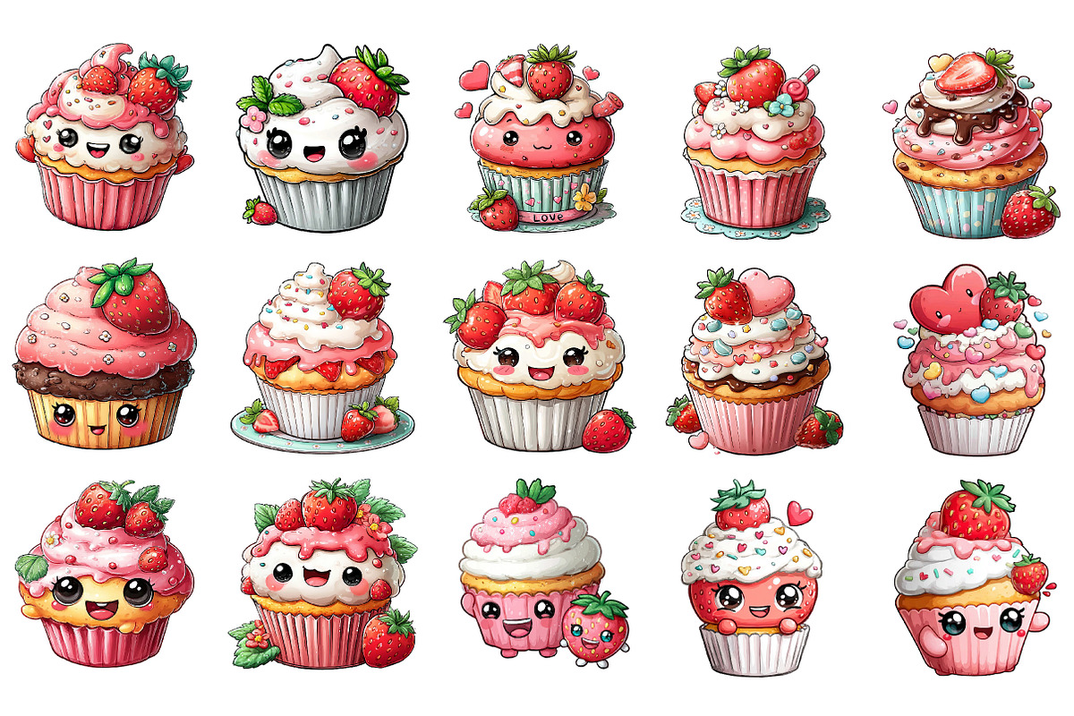 Cute Strawberry Cupcake Clipart, an Illustration by DreamArtGraphic (Photo 4 of 4)
