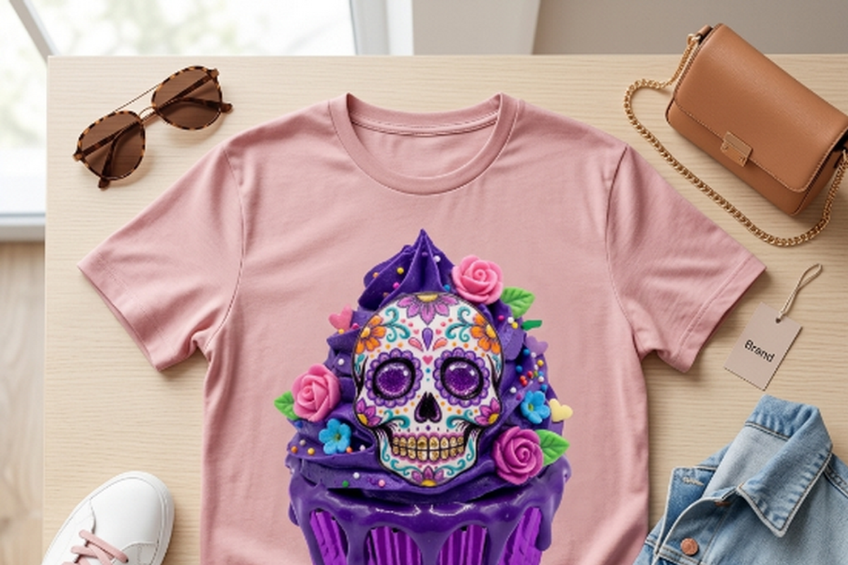 Sugar Skull Purple Cupcake Art, a Shirt Mockup by Vector Stall (Photo 3 of 14)