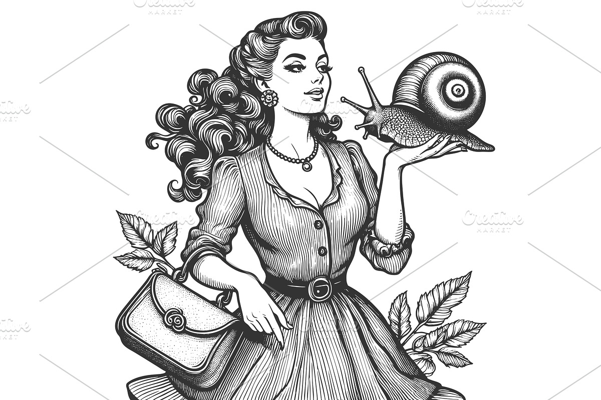 woman holding giant snail engraving, an Animal Illustration by AlexArt