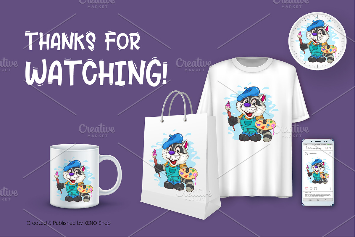 Cartoon Raccoon Artist. T-Shirt, SVG, an Animal Illustration by KENO Mascots (Photo 3 of 3)