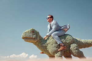 Man in a suit rides a dinosaur sculpture under a clear blue sky, a Photo by AlyaAnd