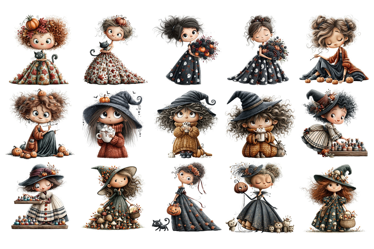 Whimsical Witches Clipart, a Seasonal Illustration by Nicolle's Colorful Art (Photo 2 of 6)