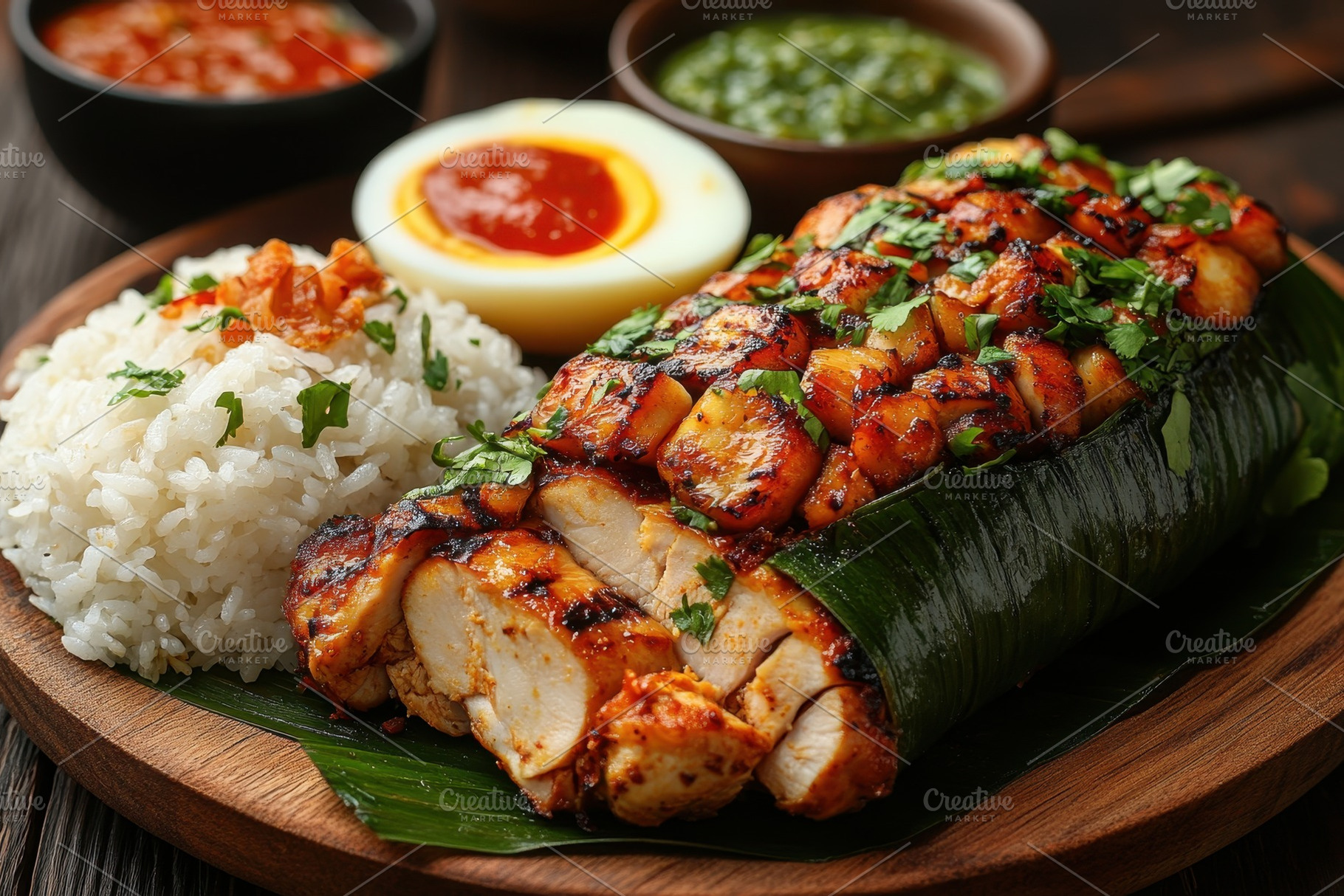 Grilled chicken served with rice and, a Photo by Tanuart