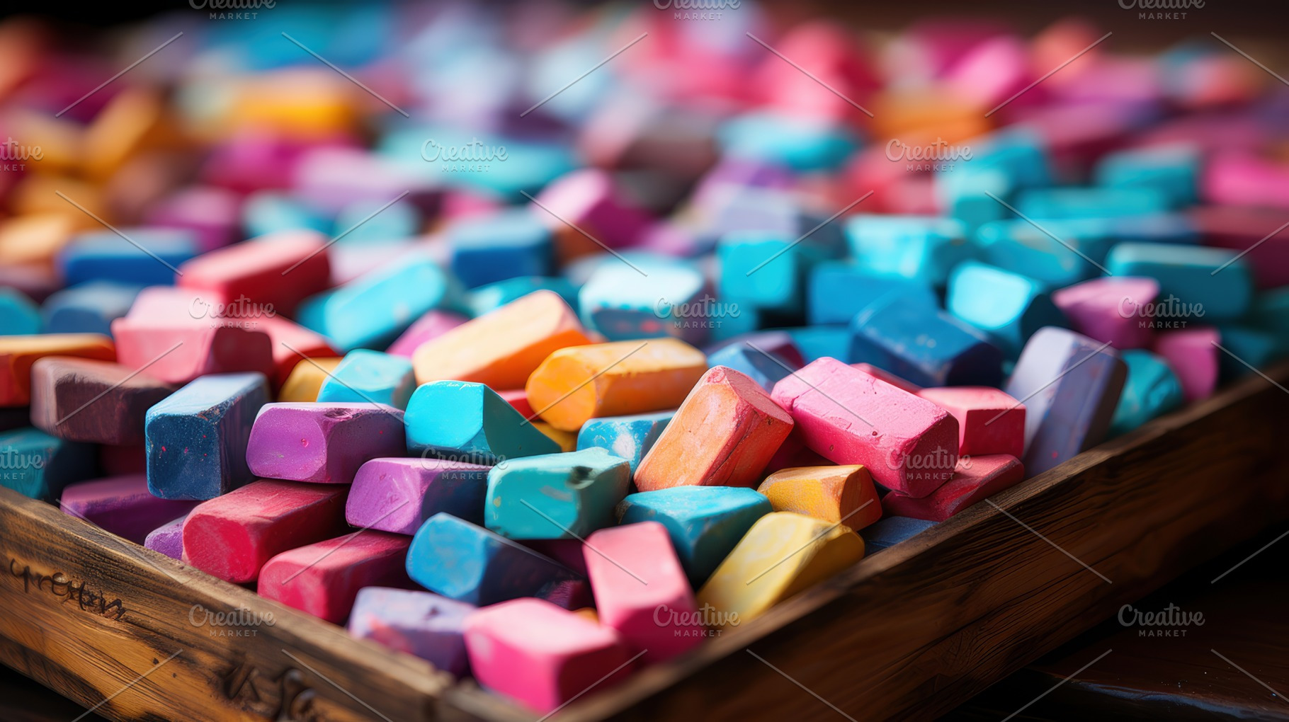 Vibrant Array of Colorful Chalk Pastels in a Wooden Tray, Perfect for Art and E, a Photo by AS photostudio