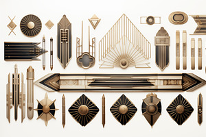 A Collection Of Decorative Art Deco Elements In Gold And Black, Including Geome