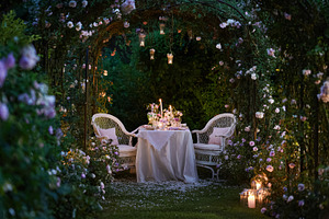 Outdoor evening table settings with candles, crystal glassware a, a Holiday Photo by Studio ANNA
