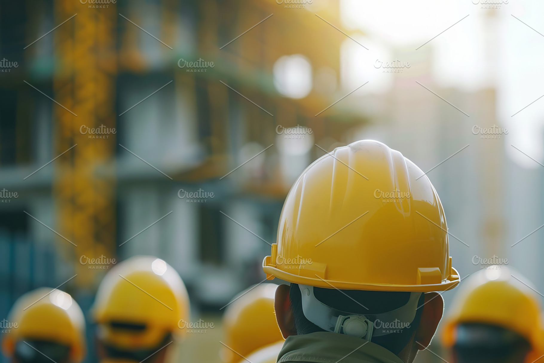Back view of workers in helmet and safety vest standing on blurr, a Photo by AlyaAnd