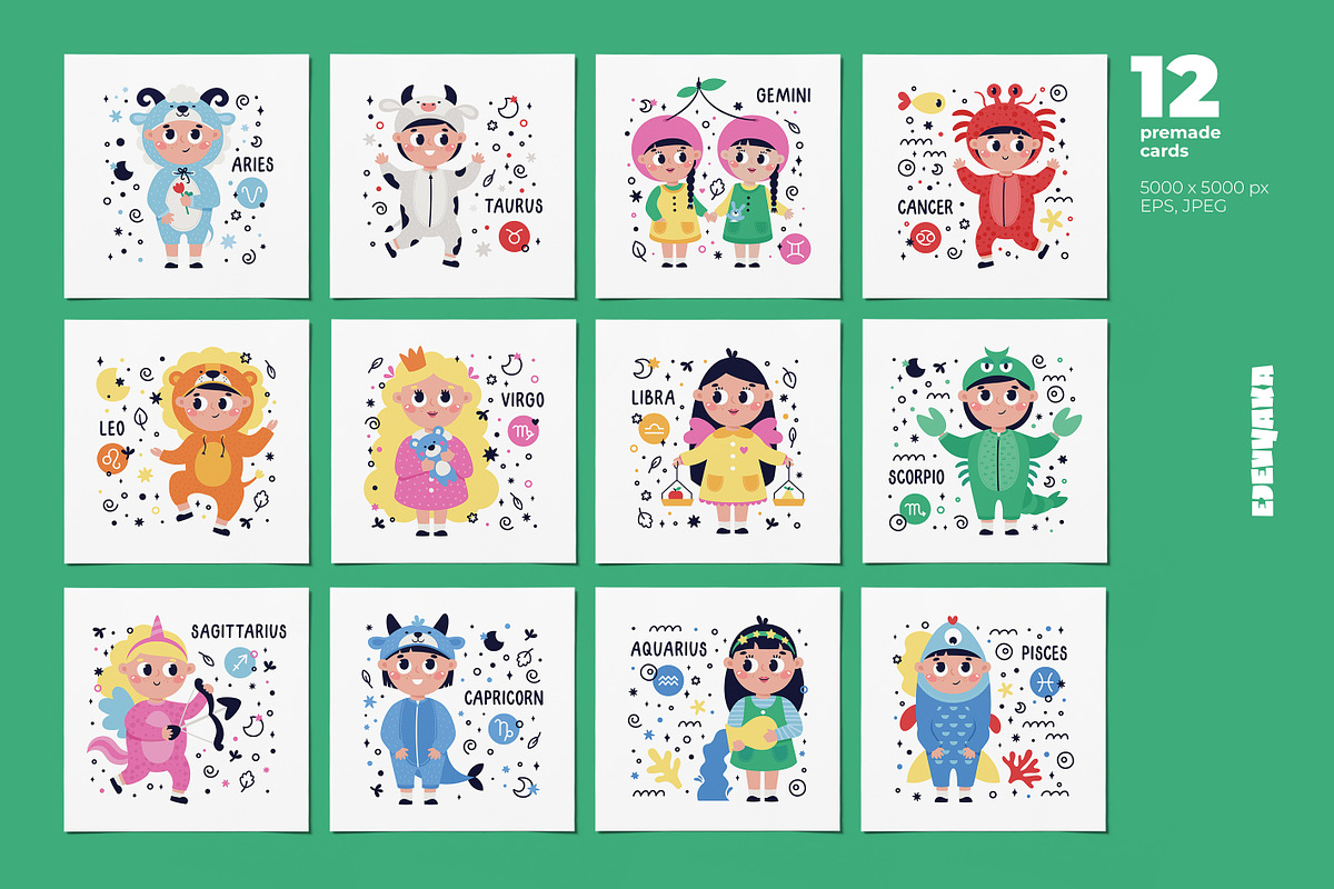 Kids Zodiac Signs. Cards & Stickers, a Decorative Illustration by Ejevyaka (Photo 3 of 7)
