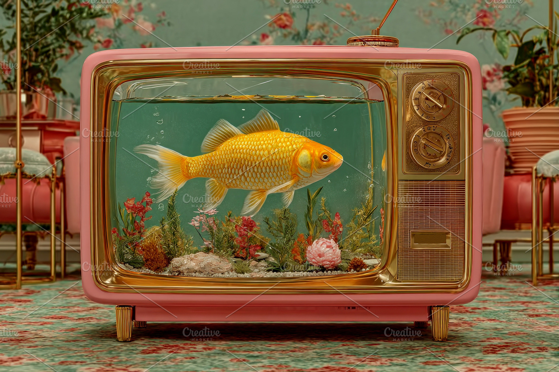 Goldfish swimming in a retro pink television aquarium with under, an Abstract Photo by José Manuel Gelpi