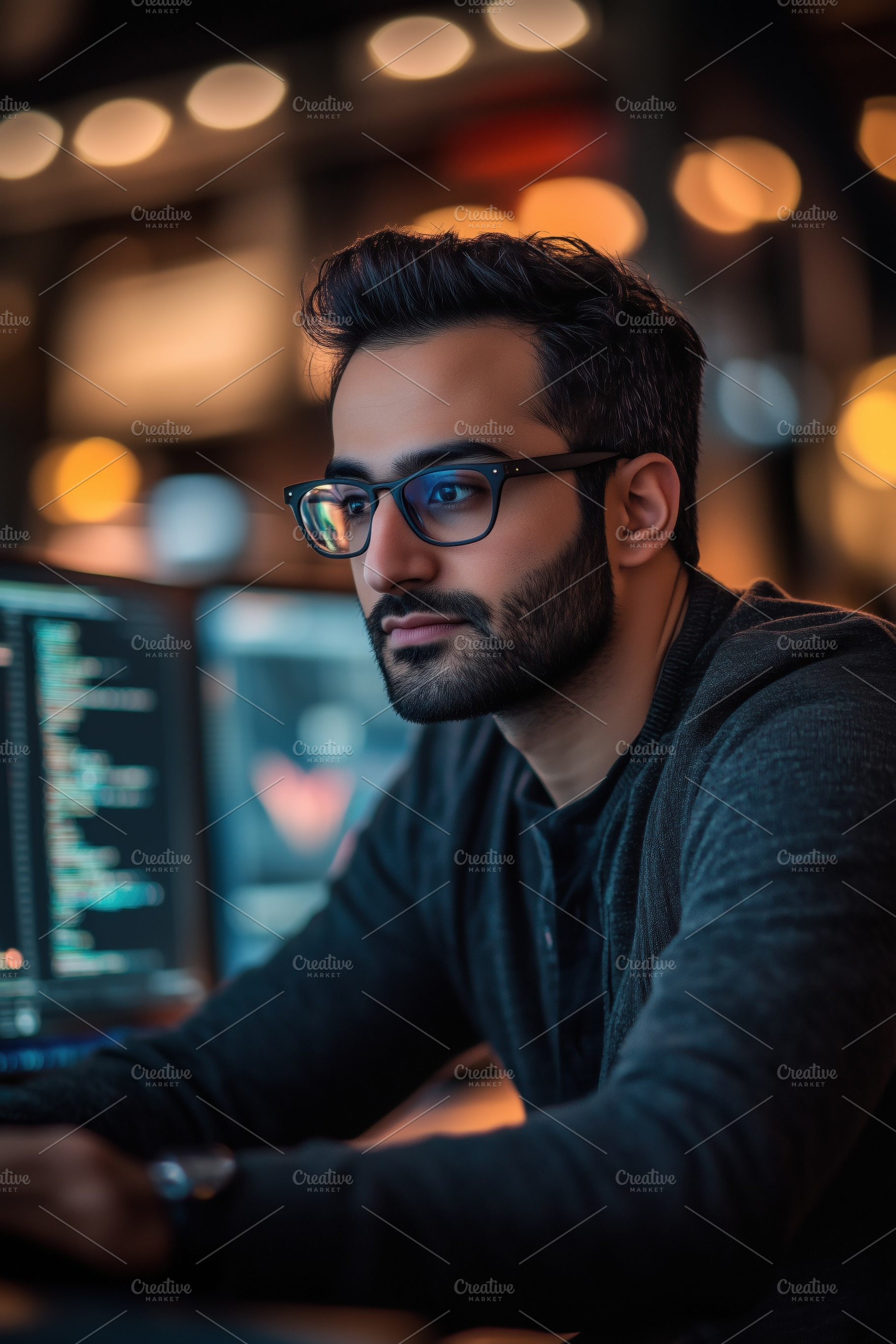 A focused Data Engineer young man with glasses working on a computer in a dimly, a Person Photo by Textures & Backgrounds
