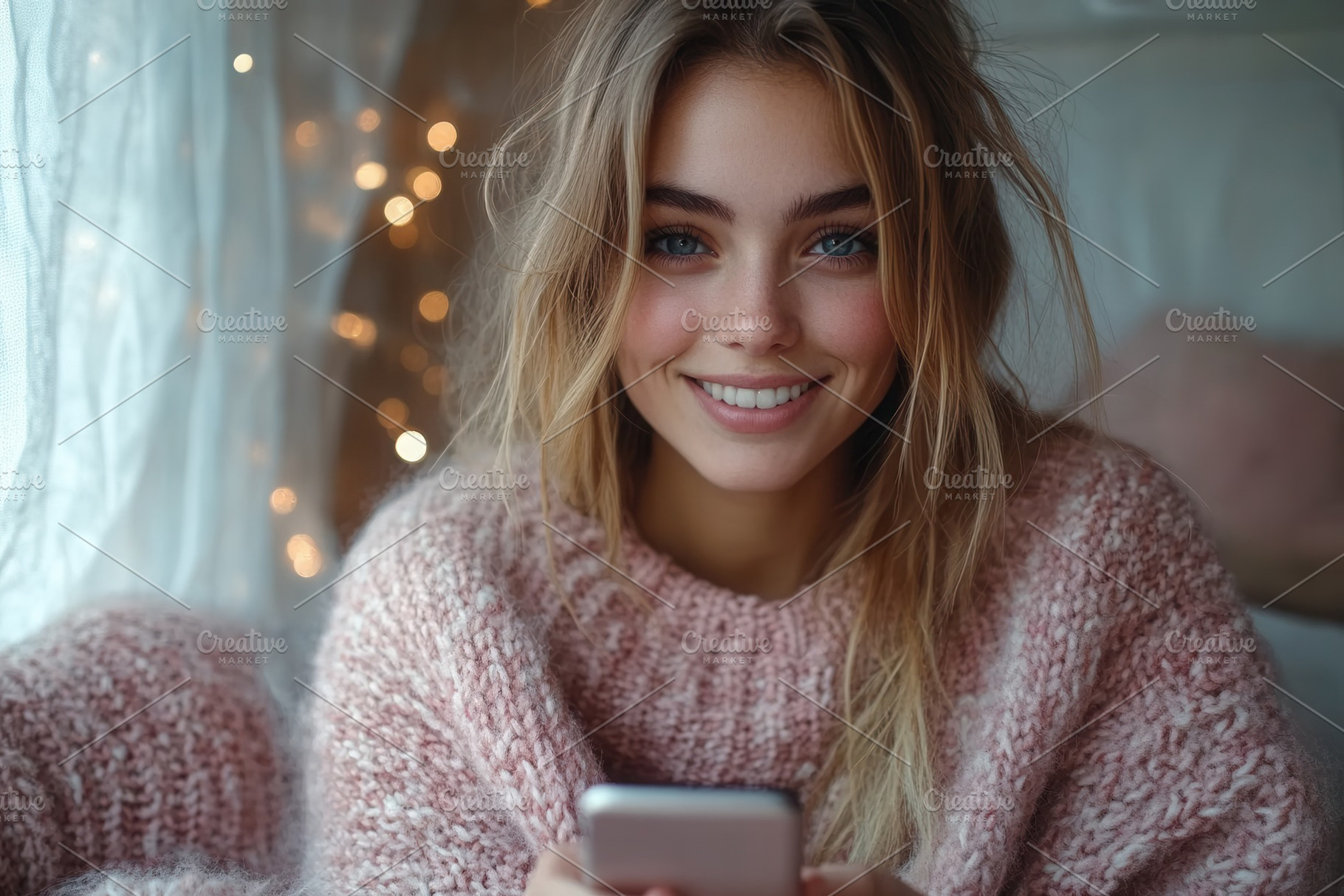 Young woman smiling while using smar, a Photo by Tanuart