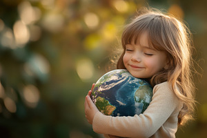 A girl holding a planet Earth model, a Photo by Pavel_design