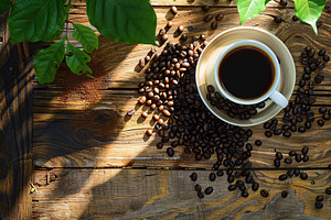 Flat lay of cup of coffee and coffee beans on wooden table, a Food & Drink Photo by AlyaAnd