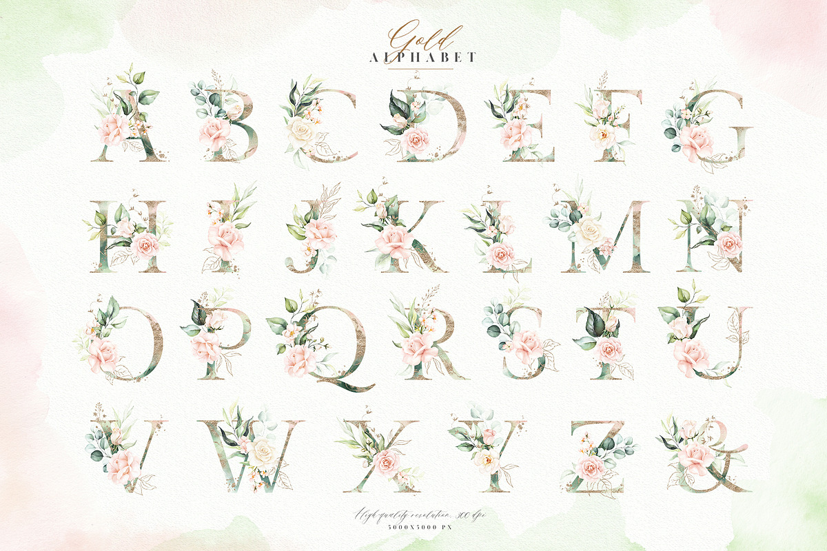 Watercolor Blush Floral Alphabet Set, a Decorative Illustration by Veris Studio (Photo 10 of 24)