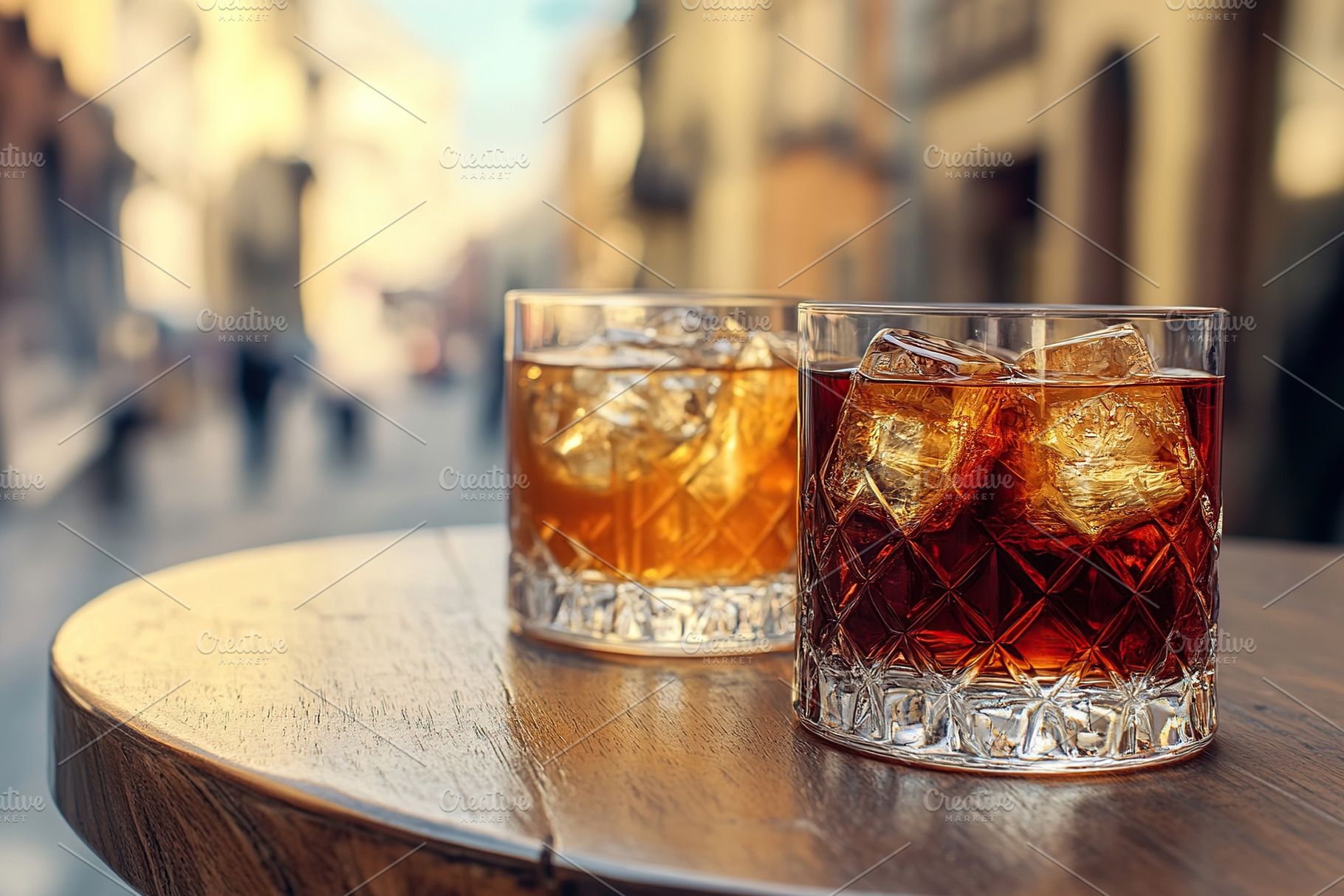 Alcoholic cocktails with ice cubes on table of italian sidewalk cafe, a Photo by AlyaAnd